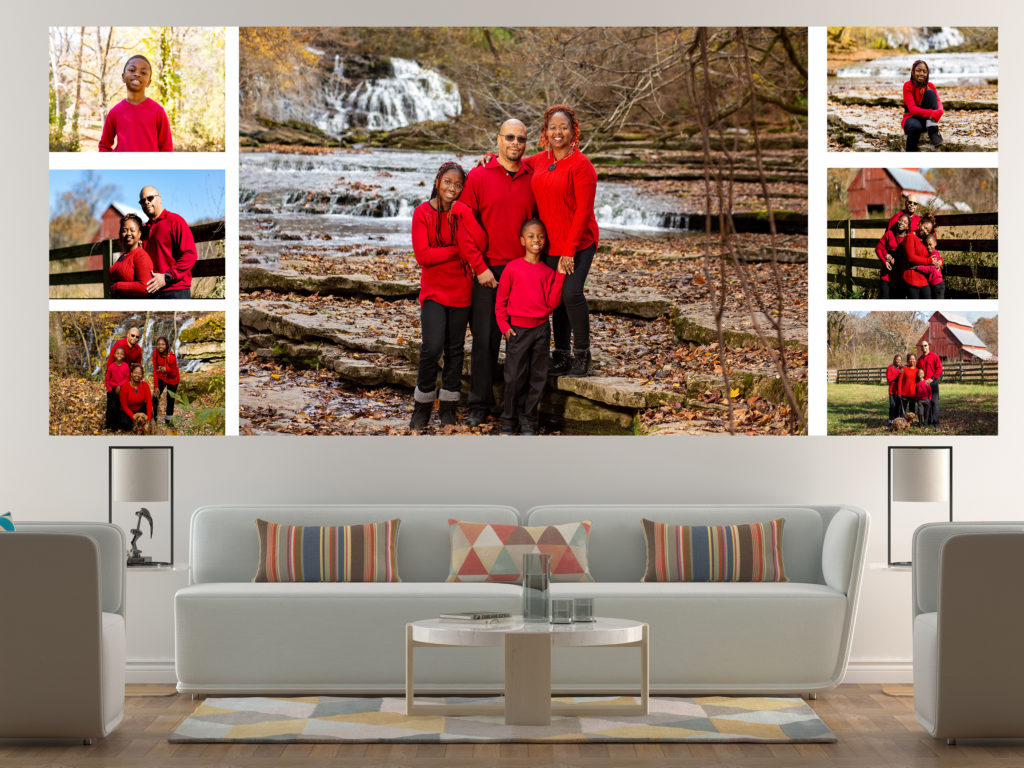 living room featuring large printed canvas photos of an African American Family photographed in front of a waterfall